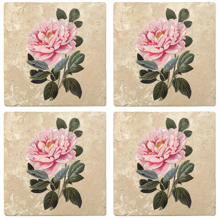 Set of 4 Absorbent Stone 4" Flower Designs Drink Coasters, Tree Peony