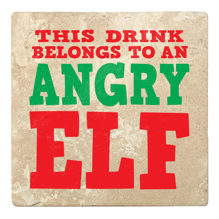 Set of 4 Absorbent Stone 4" Holiday Christmas Drink Coasters, This Drink Belongs To An Angry Elf