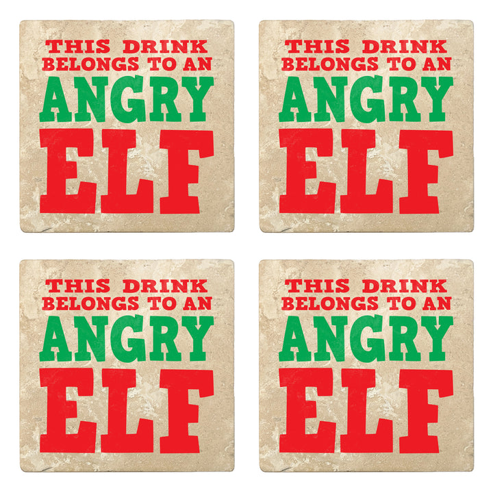 Set of 4 Absorbent Stone 4" Holiday Christmas Drink Coasters, This Drink Belongs To An Angry Elf