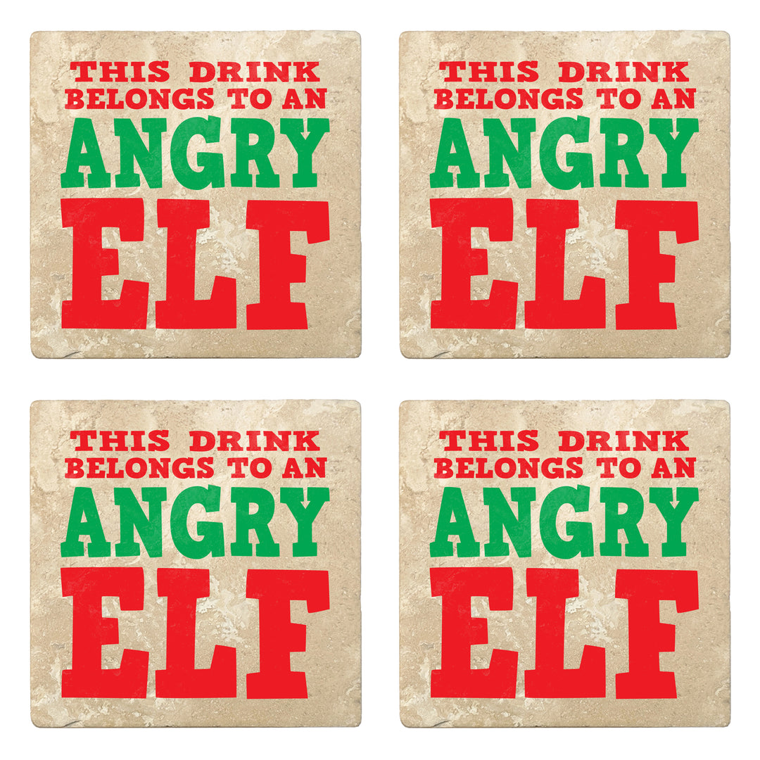 Set of 4 Absorbent Stone 4" Holiday Christmas Drink Coasters, This Drink Belongs To An Angry Elf