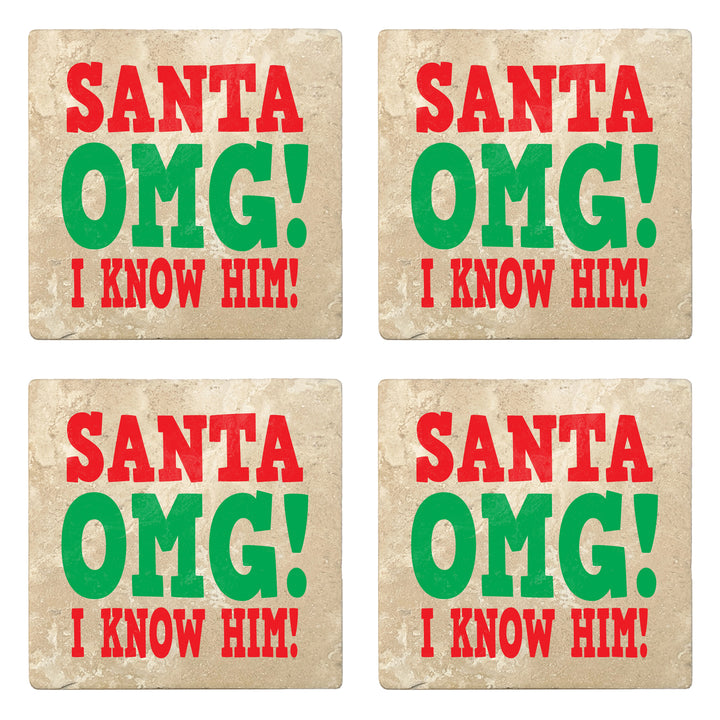 Set of 4 Absorbent Stone 4" Holiday Christmas Drink Coasters, Santa Omg! I Know Him!