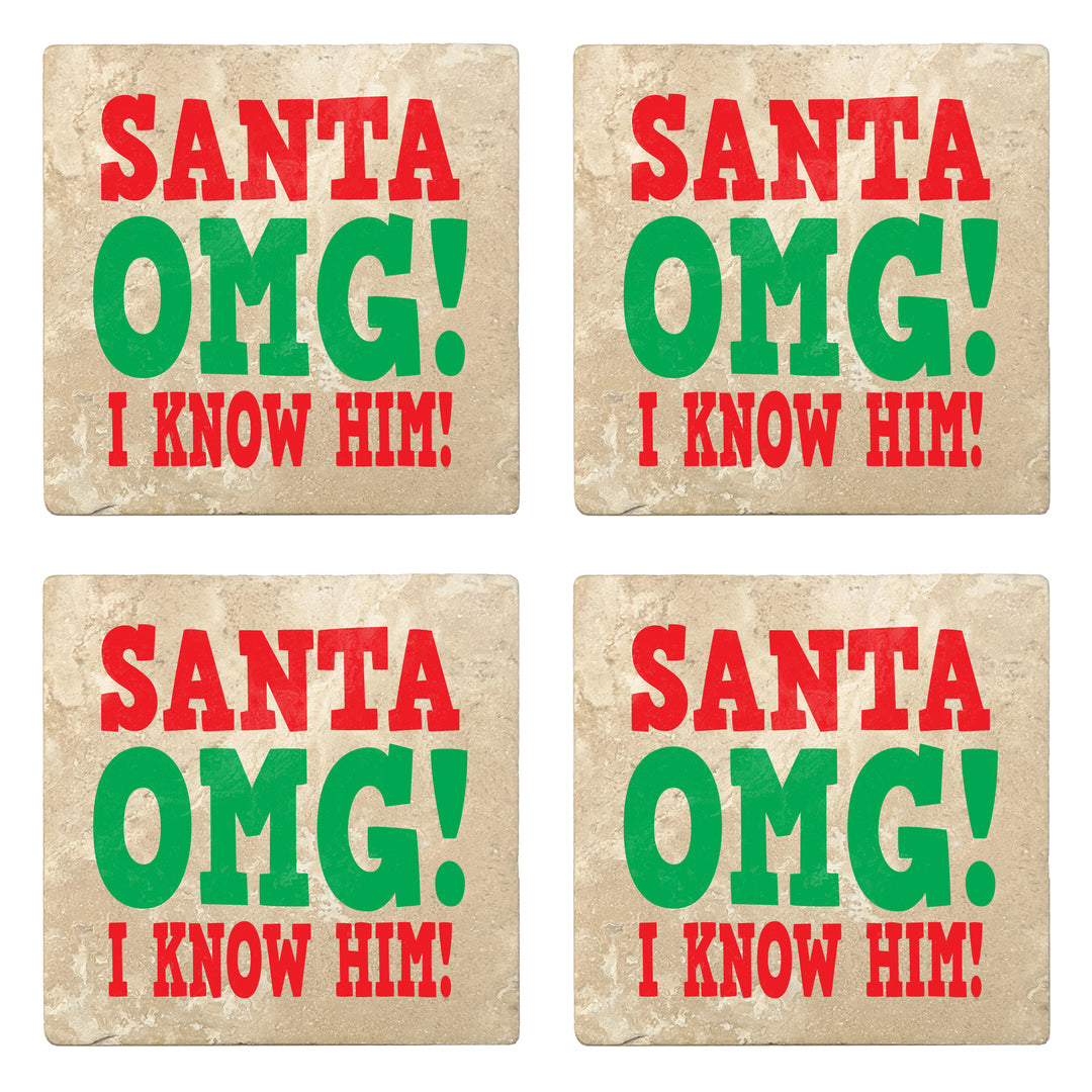 Set of 4 Absorbent Stone 4" Holiday Christmas Drink Coasters, Santa Omg! I Know Him!