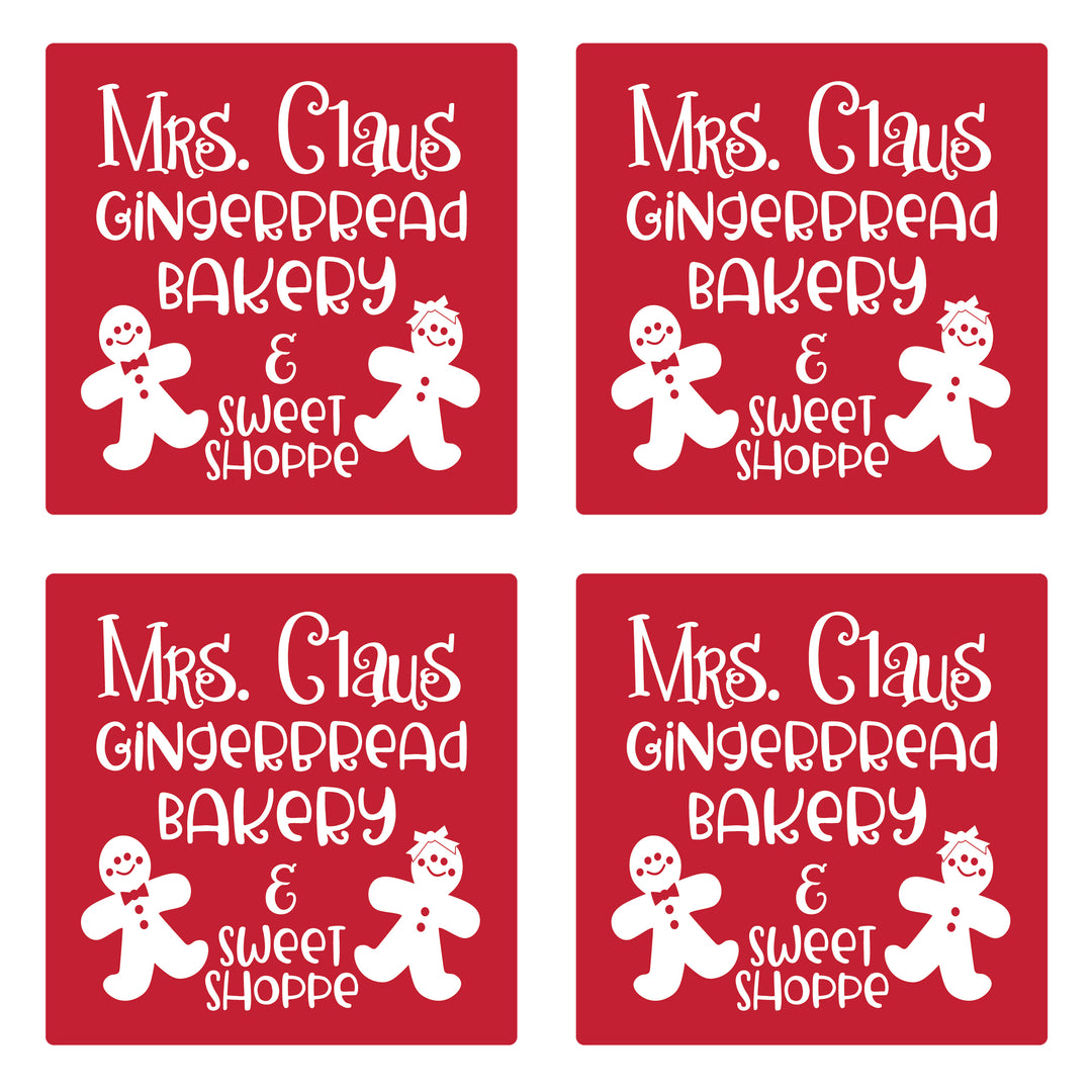 Set of 4 Absorbent Stone 4" Holiday Christmas Drink Coasters, Mrs Claus Gingerbread Bakery & Sweet Shoppe