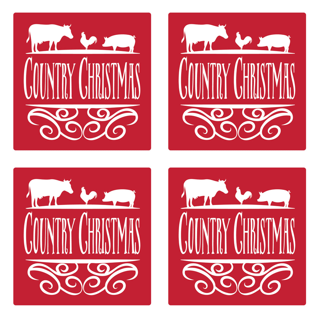 Set of 4 Absorbent Stone 4" Holiday Christmas Drink Coasters, Country Christmas