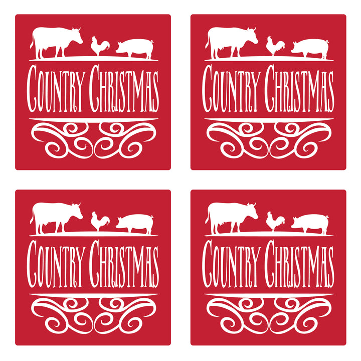 Set of 4 Absorbent Stone 4" Holiday Christmas Drink Coasters, Country Christmas