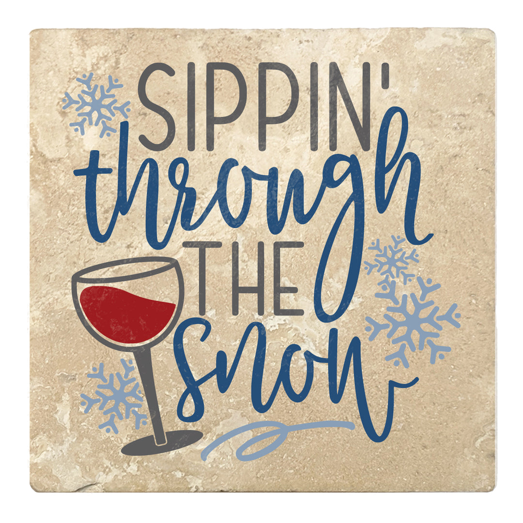 Set of 4 Absorbent Stone 4" Holiday Christmas Drink Coasters, Sippin Through The Snow