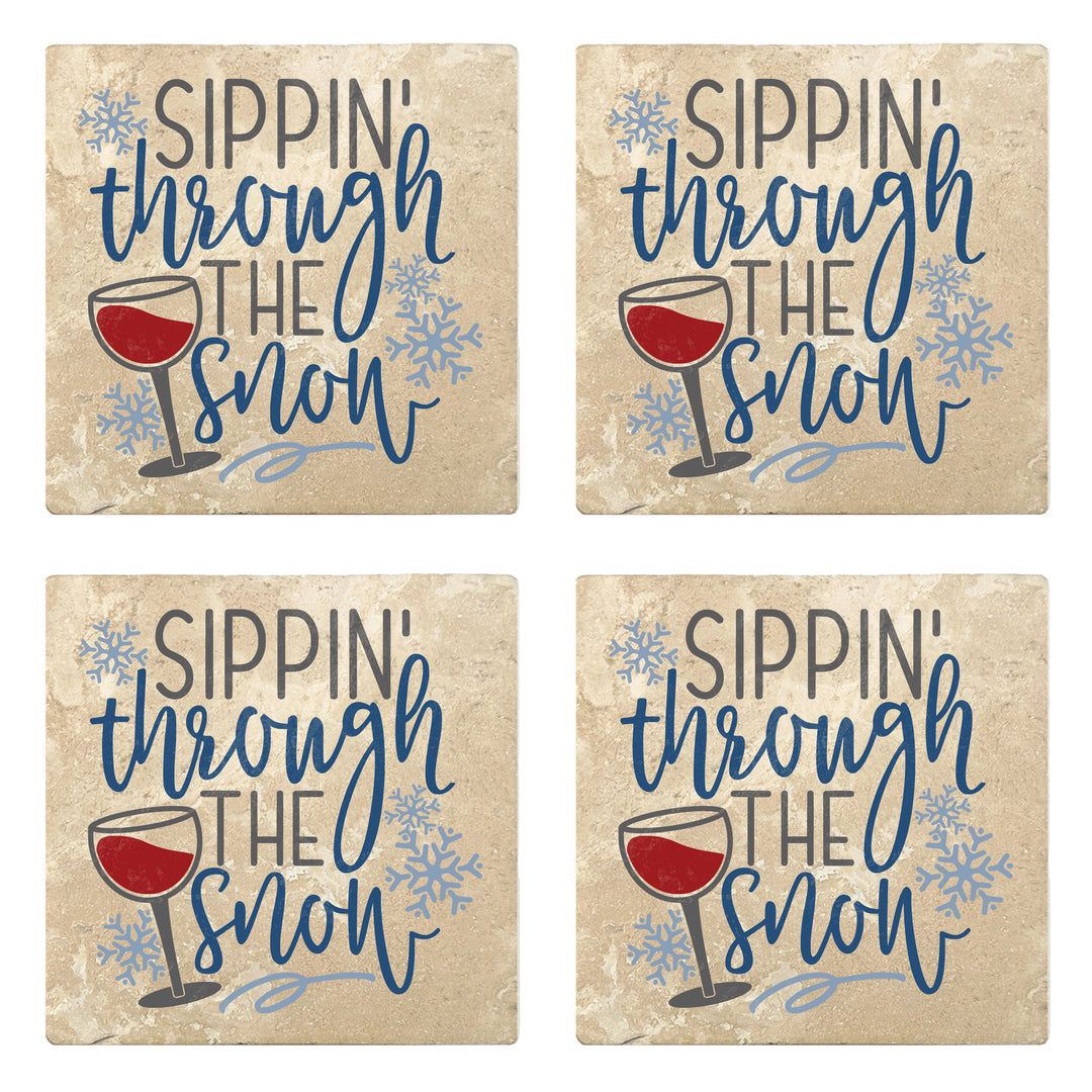 Set of 4 Absorbent Stone 4" Holiday Christmas Drink Coasters, Sippin Through The Snow