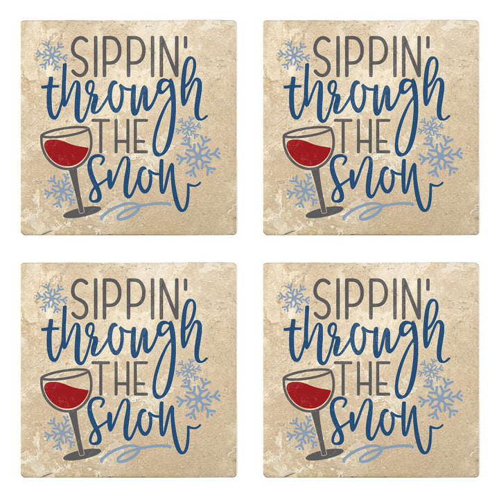 Set of 4 Absorbent Stone 4" Holiday Christmas Drink Coasters, Sippin Through The Snow
