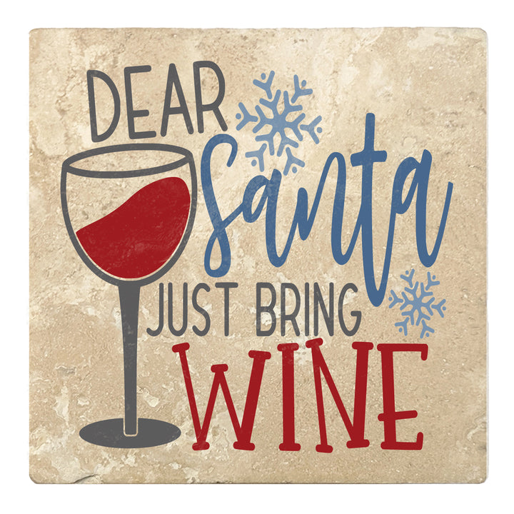 Set of 4 Absorbent Stone 4" Holiday Christmas Drink Coasters, Dear Santa Just Bring Wine