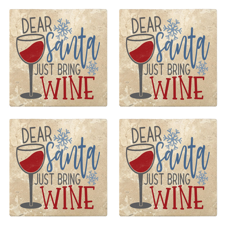 Set of 4 Absorbent Stone 4" Holiday Christmas Drink Coasters, Dear Santa Just Bring Wine