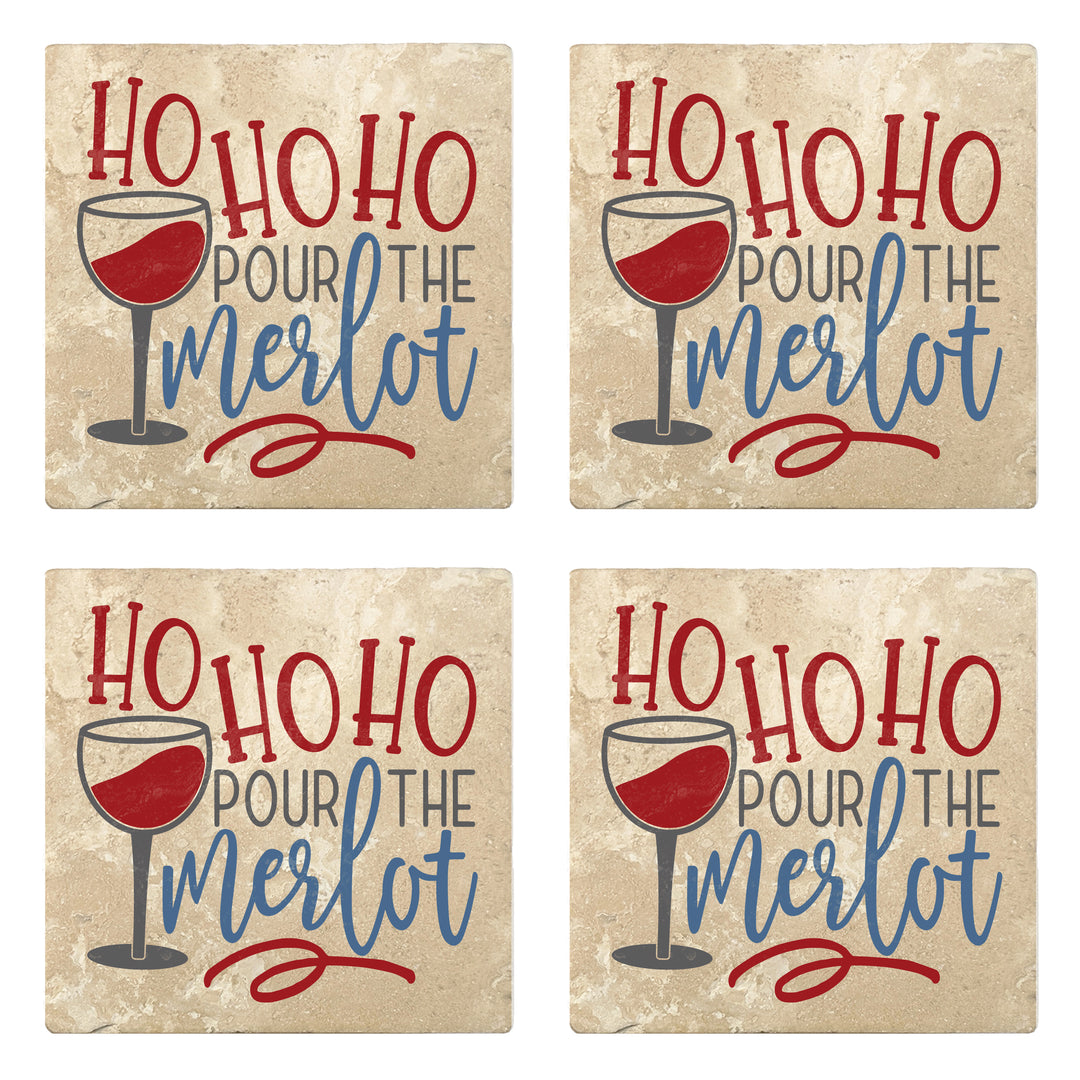 Set of 4 Absorbent Stone 4" Holiday Christmas Drink Coasters, Ho Ho Ho Pour The Merlot