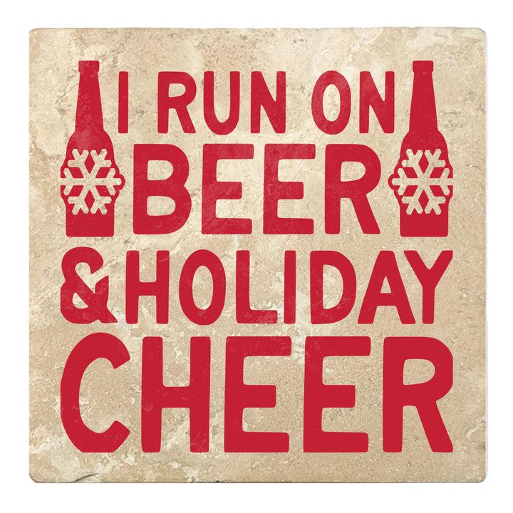 Set of 4 Absorbent Stone 4" Holiday Christmas Drink Coasters, I Run On Beer And Holiday Cheer