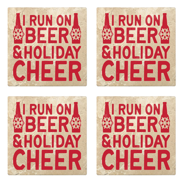 Set of 4 Absorbent Stone 4" Holiday Christmas Drink Coasters, I Run On Beer And Holiday Cheer