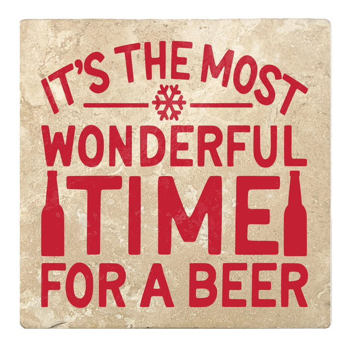 Set of 4 Absorbent Stone 4" Holiday Christmas Drink Coasters, Its The Most Wonderful Time For A Beer