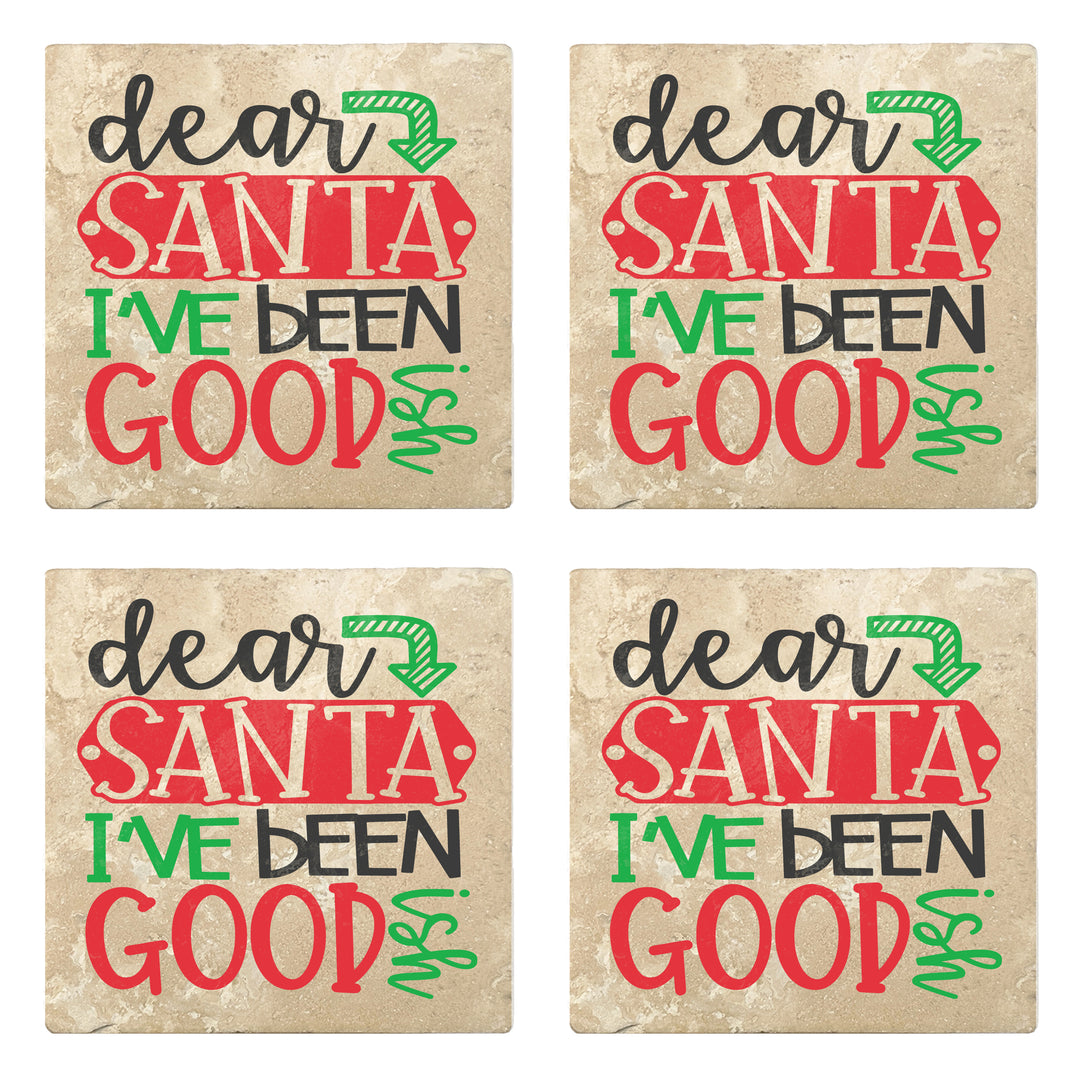 Set of 4 Absorbent Stone 4" Holiday Christmas Drink Coasters, Dear Santa I've Been Good
