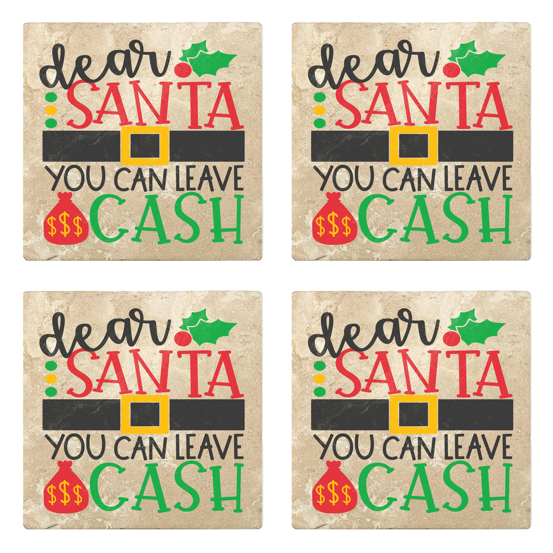 Set of 4 Absorbent Stone 4" Holiday Christmas Drink Coasters, Dear Santa Can You Leave Cash