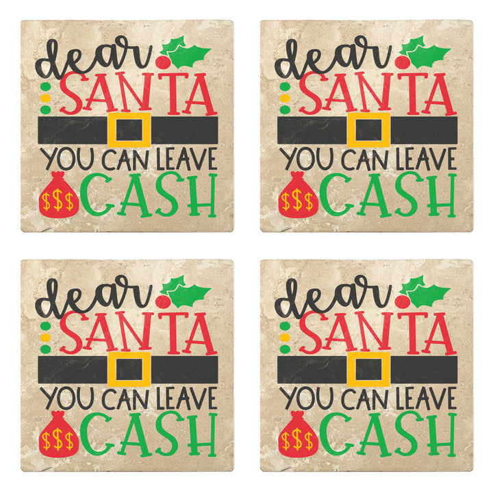 Set of 4 Absorbent Stone 4" Holiday Christmas Drink Coasters, Dear Santa Can You Leave Cash