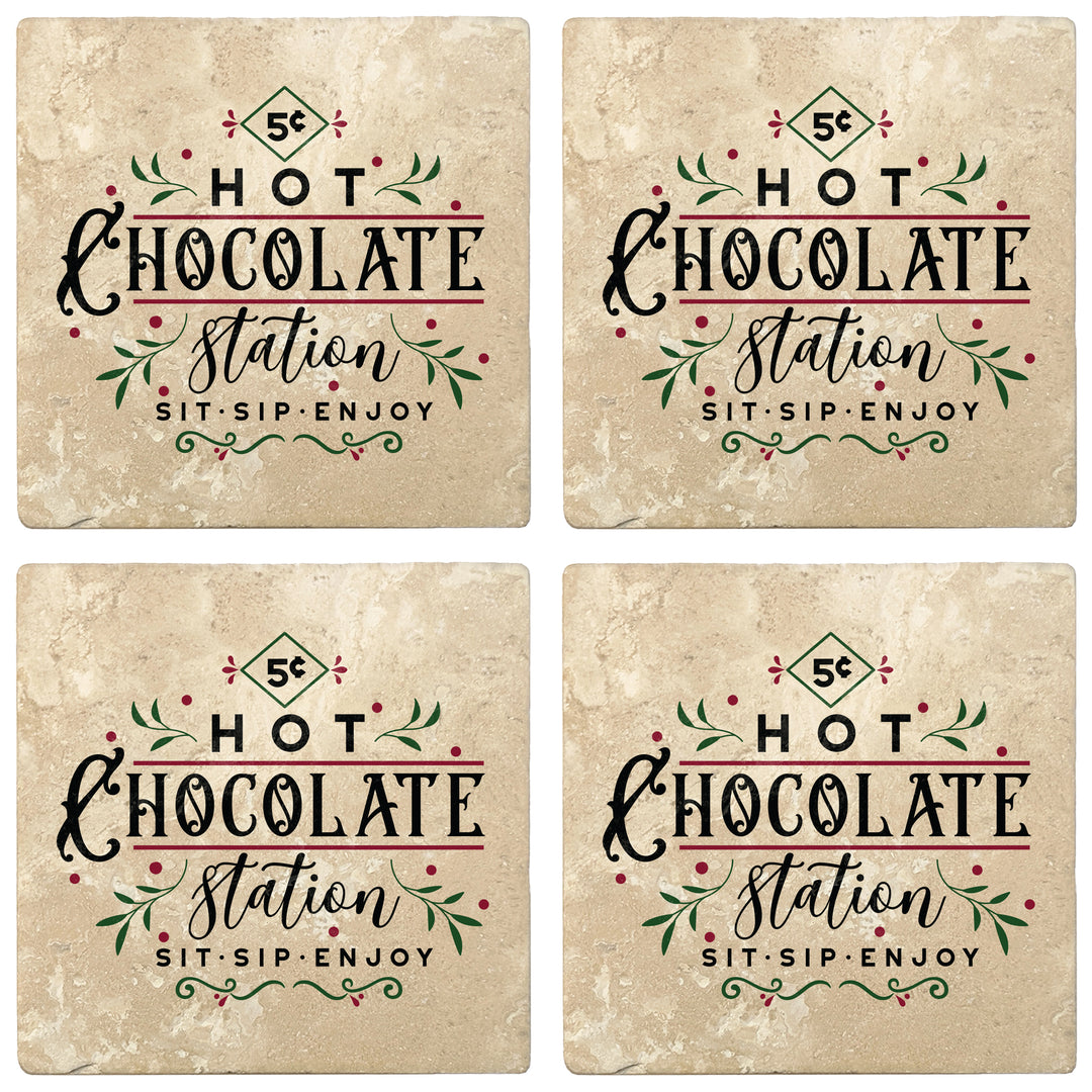 Set of 4 Absorbent Stone 4" Holiday Christmas Drink Coasters, Hot Chocolate Station