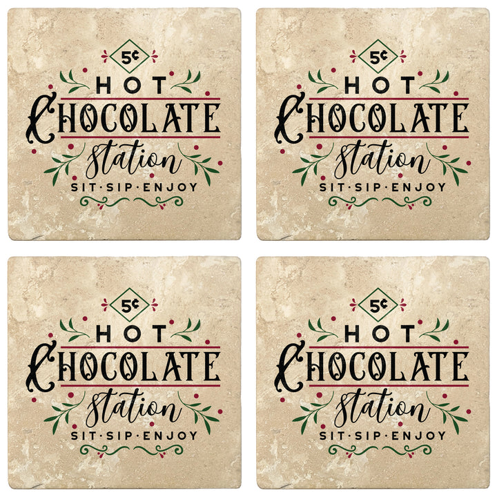 Set of 4 Absorbent Stone 4" Holiday Christmas Drink Coasters, Hot Chocolate Station