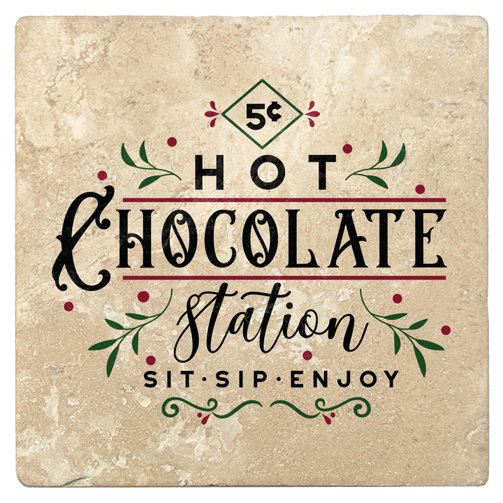 Set of 4 Absorbent Stone 4" Holiday Christmas Drink Coasters, Hot Chocolate Station