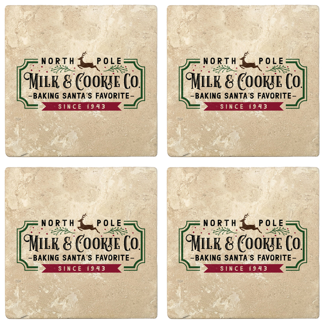 Set of 4 Absorbent Stone 4" Holiday Christmas Drink Coasters, Milk and Cookie Company