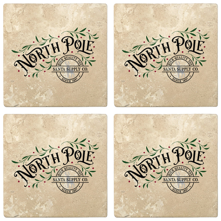 Set of 4 Absorbent Stone 4" Holiday Christmas Drink Coasters, North Pole Santa Supply Company