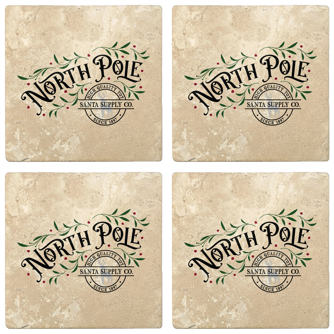 Set of 4 Absorbent Stone 4" Holiday Christmas Drink Coasters, North Pole Santa Supply Company