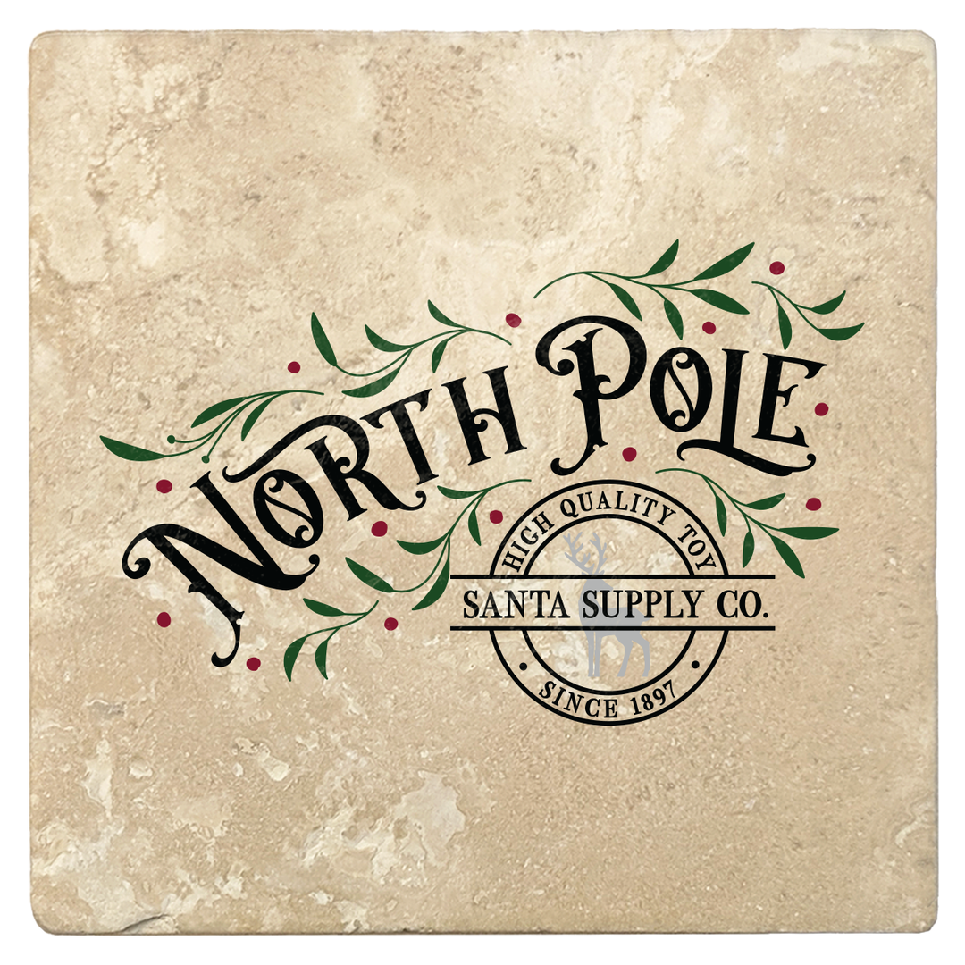 Set of 4 Absorbent Stone 4" Holiday Christmas Drink Coasters, North Pole Santa Supply Company