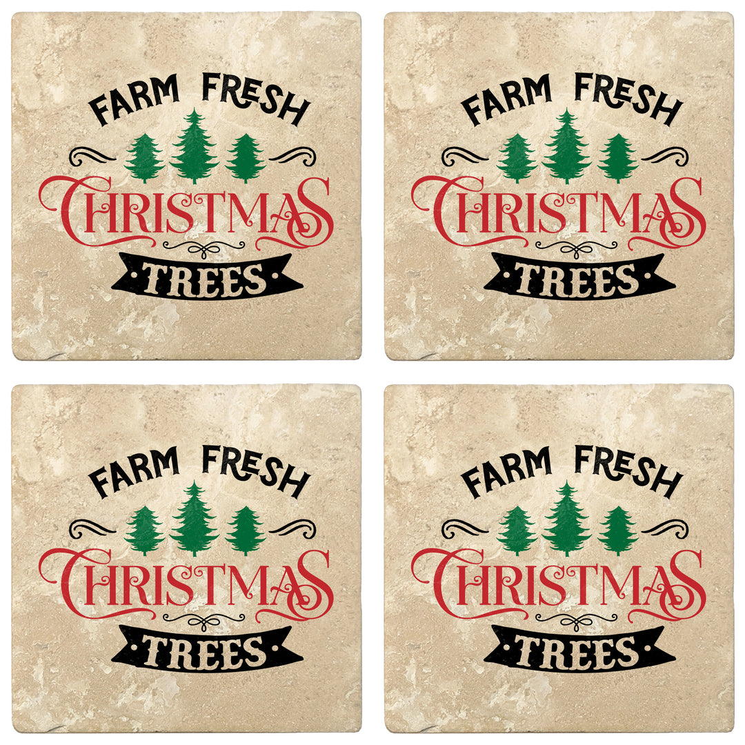 Set of 4 Absorbent Stone 4" Holiday Christmas Drink Coasters, Farm Fresh Christmas Trees