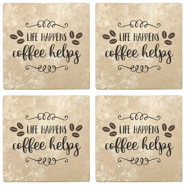 Set of 4 Absorbent Stone 4" Coffee Gift Coasters, Life Happens Coffee Helps