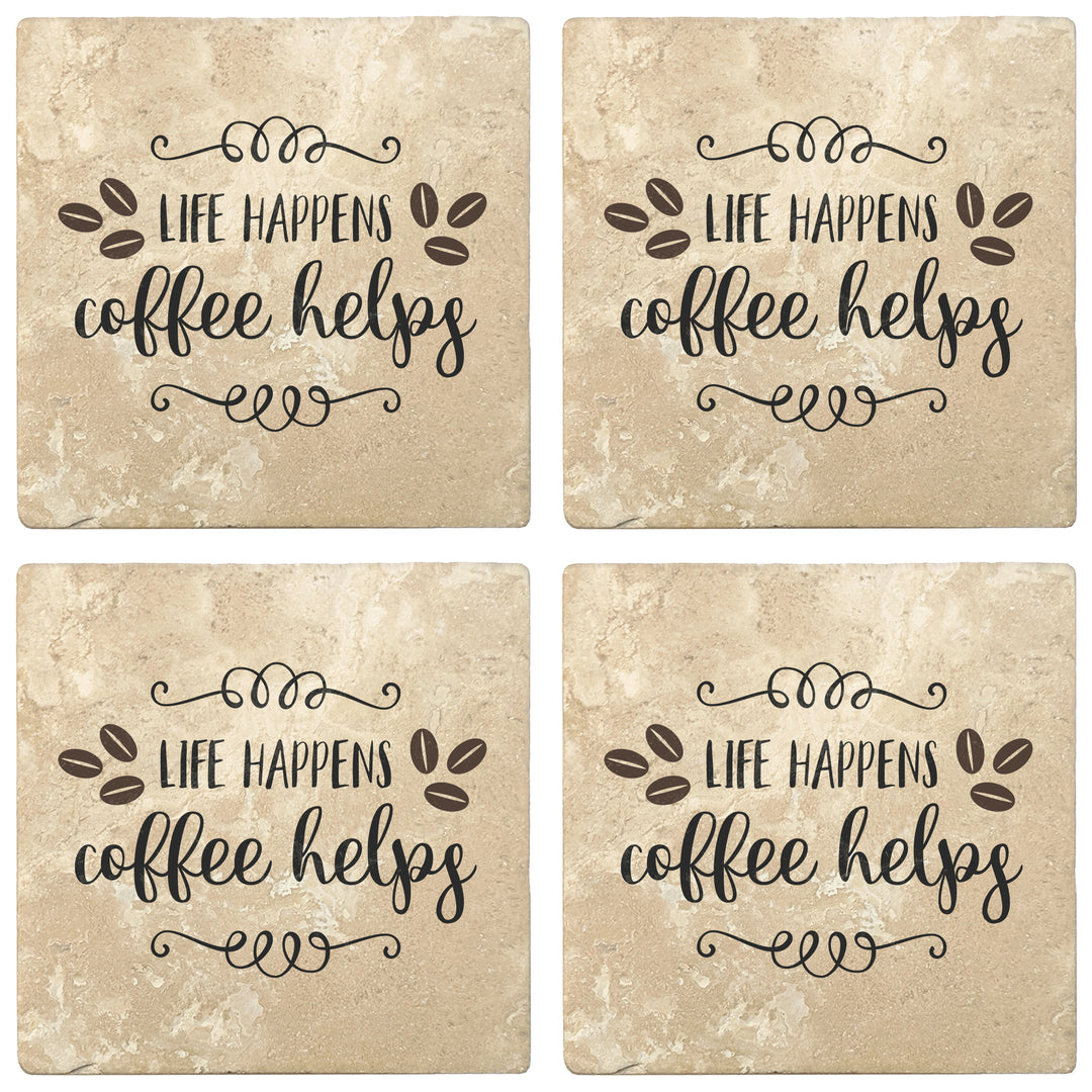 Set of 4 Absorbent Stone 4" Coffee Gift Coasters, Life Happens Coffee Helps