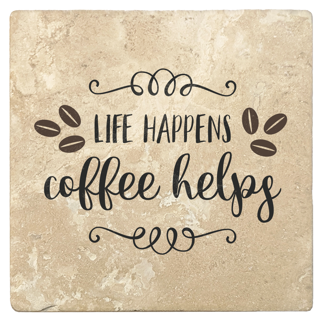 Set of 4 Absorbent Stone 4" Coffee Gift Coasters, Life Happens Coffee Helps