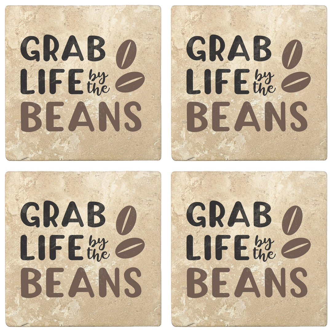 Set of 4 Absorbent Stone 4" Coffee Gift Coasters, Grab Life By The Beans