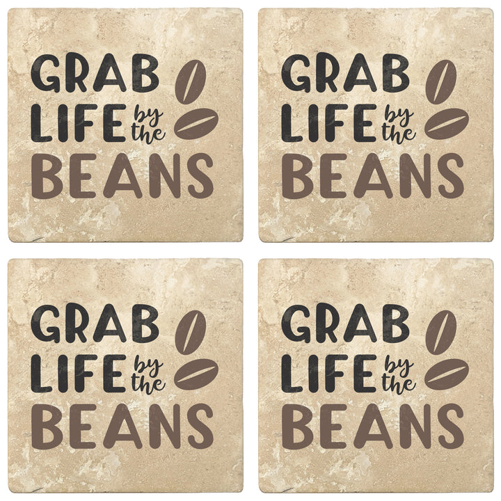 Set of 4 Absorbent Stone 4" Coffee Gift Coasters, Grab Life By The Beans