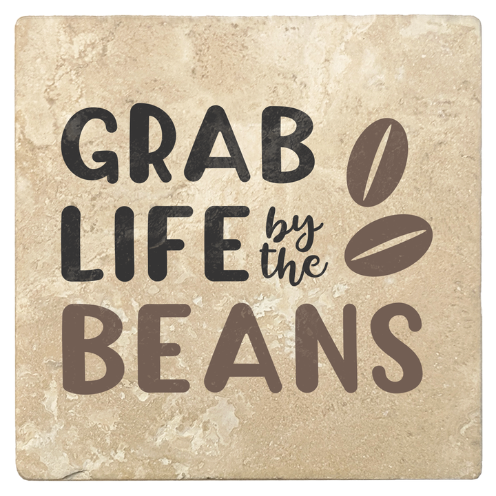 Set of 4 Absorbent Stone 4" Coffee Gift Coasters, Grab Life By The Beans