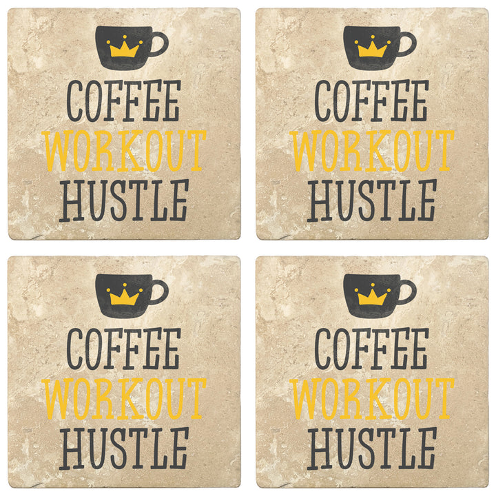 Set of 4 Absorbent Stone 4" Coffee Gift Coasters, Coffee Workout Hustle