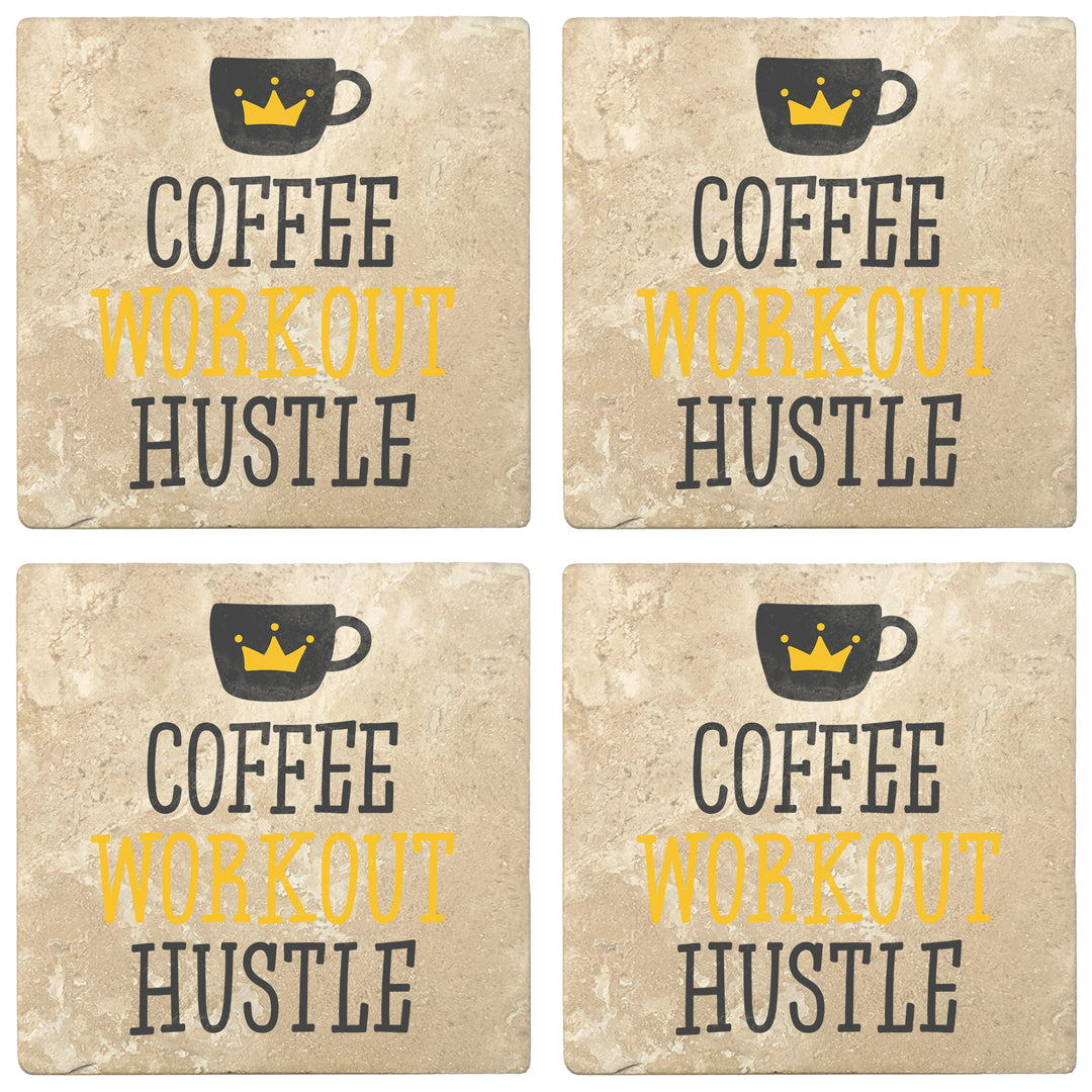 Set of 4 Absorbent Stone 4" Coffee Gift Coasters, Coffee Workout Hustle