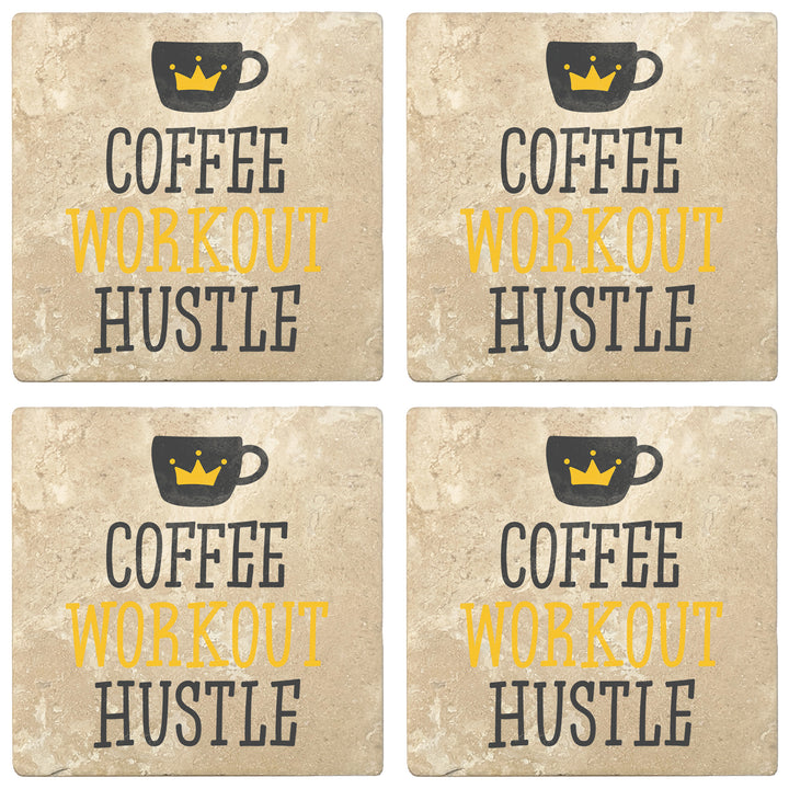 Set of 4 Absorbent Stone 4" Coffee Gift Coasters, Coffee Workout Hustle