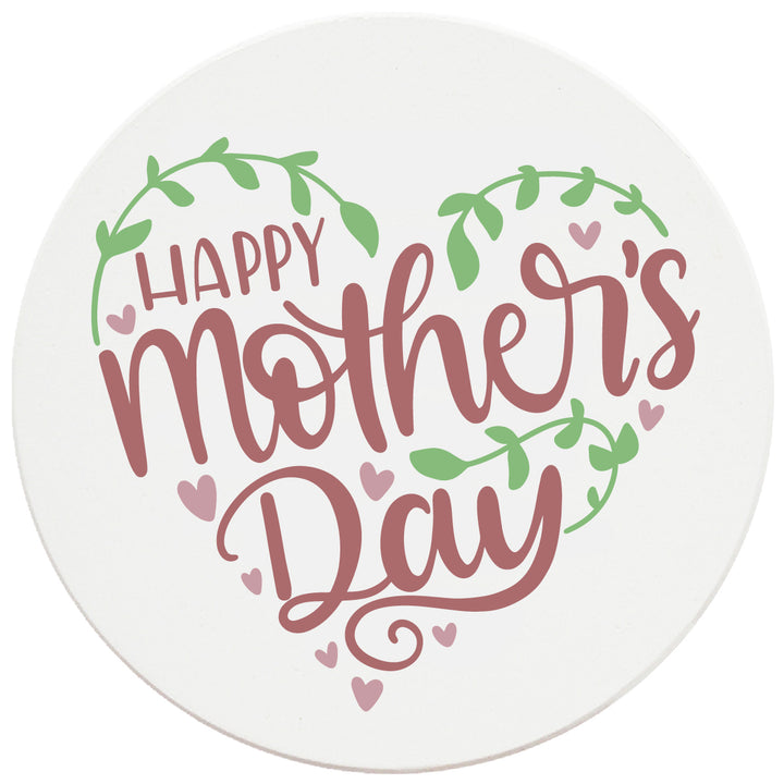 4" Round Ceramic Coasters - Happy Mothers Day Hearts and Vines, Set of 4