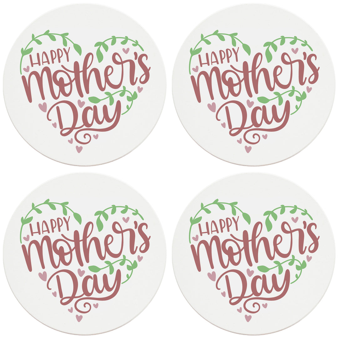 4" Round Ceramic Coasters - Happy Mothers Day Hearts and Vines, Set of 4