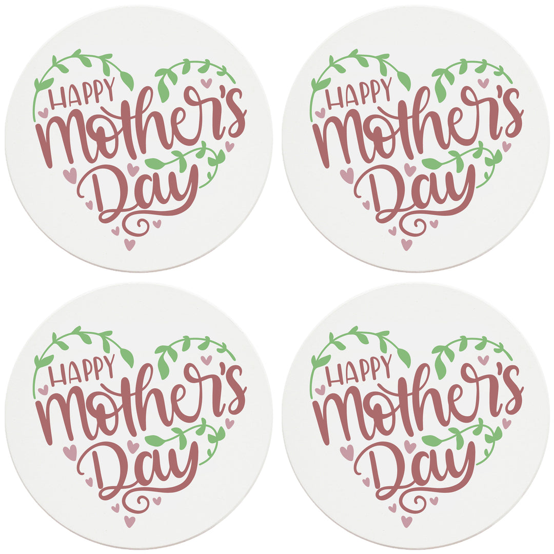 4" Round Ceramic Coasters - Happy Mothers Day Hearts and Vines, Set of 4
