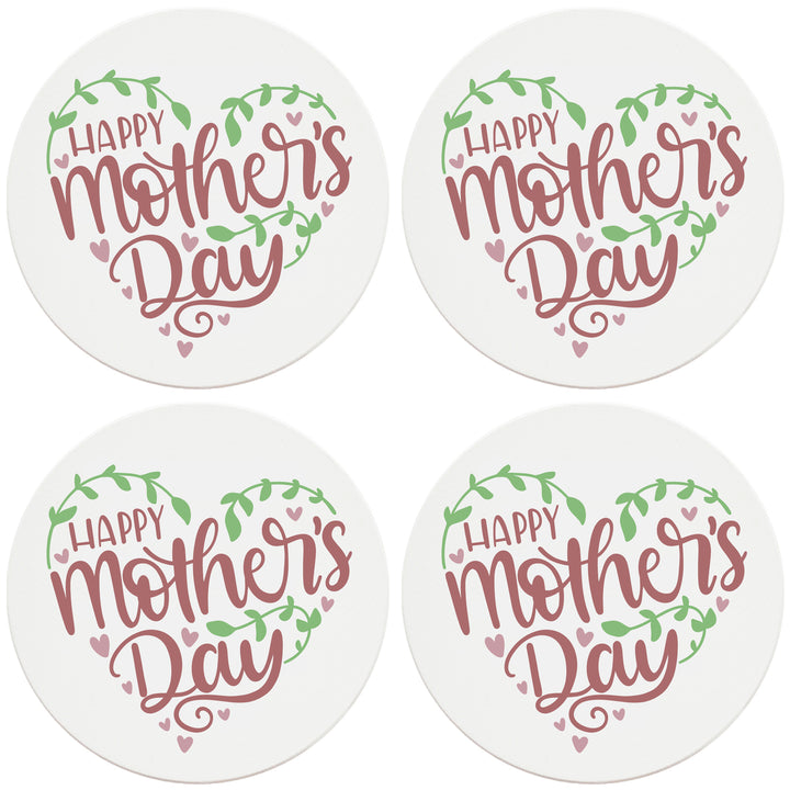 4" Round Ceramic Coasters - Happy Mothers Day Hearts and Vines, Set of 4