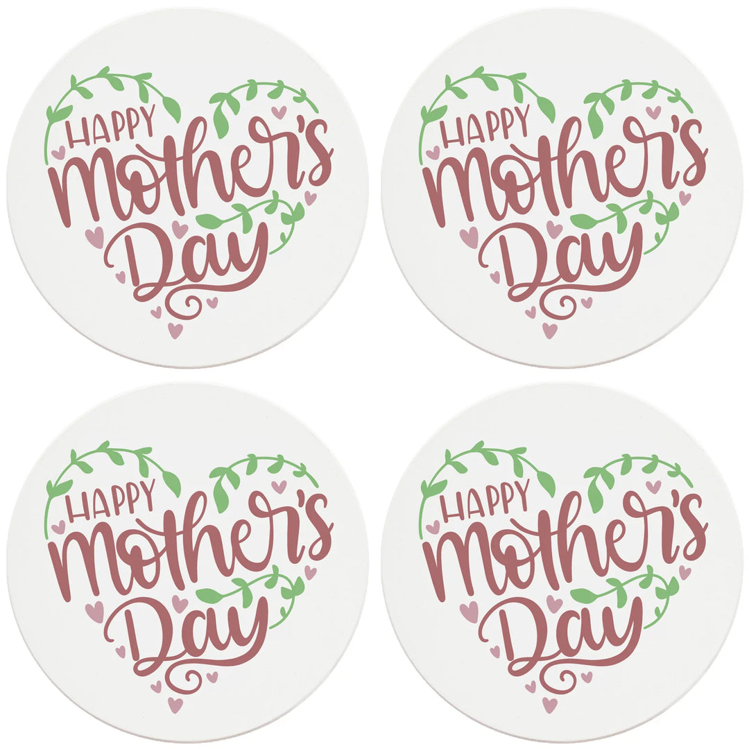 4" Round Ceramic Coasters - Happy Mothers Day Hearts and Vines, 4/Box, 2/Case, 8 Pieces - Christmas by Krebs Wholesale