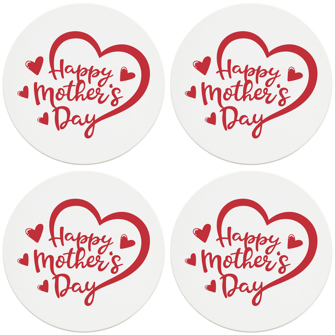 4" Round Ceramic Coasters - Happy Mothers Day Heart, Set of 4