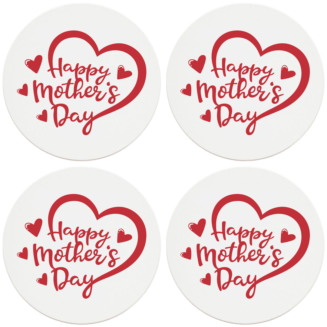 4" Round Ceramic Coasters - Happy Mothers Day Heart, Set of 4