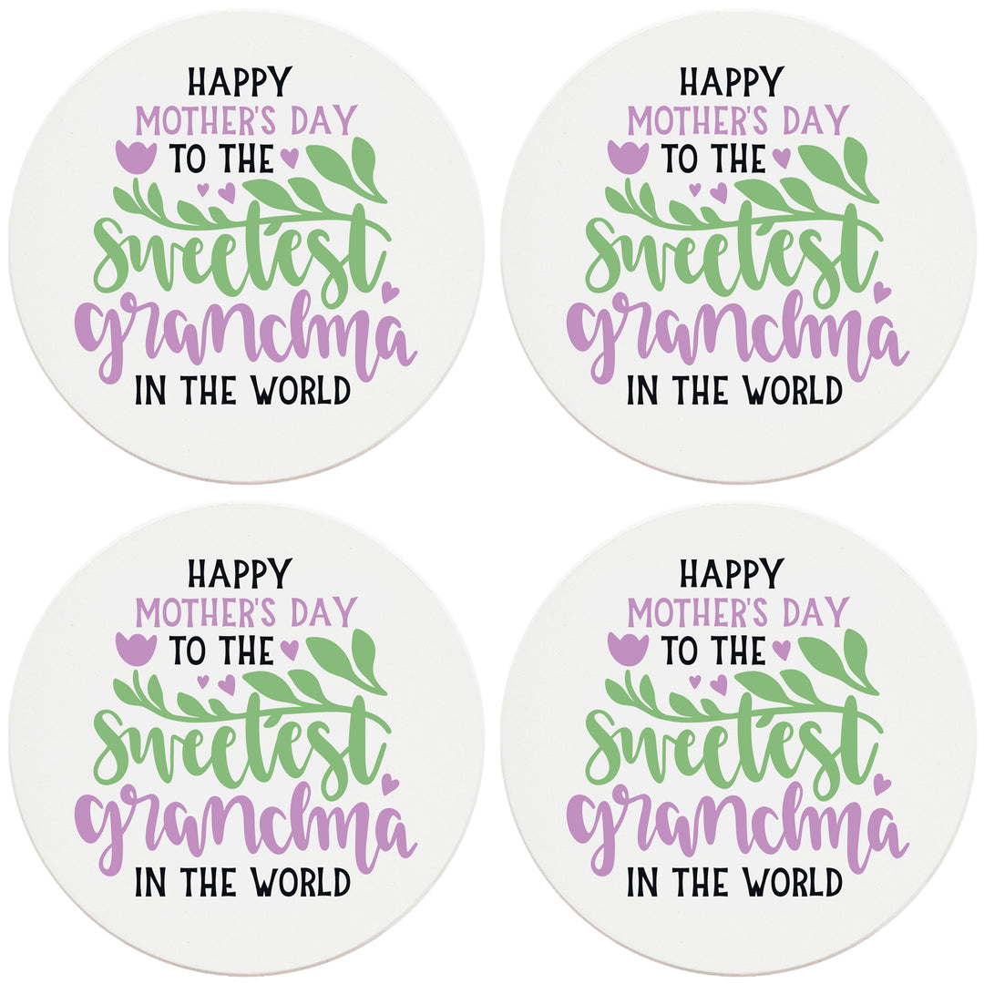 4" Round Ceramic Coasters - Happy Mothers Day Sweetest Grandma, Set of 4