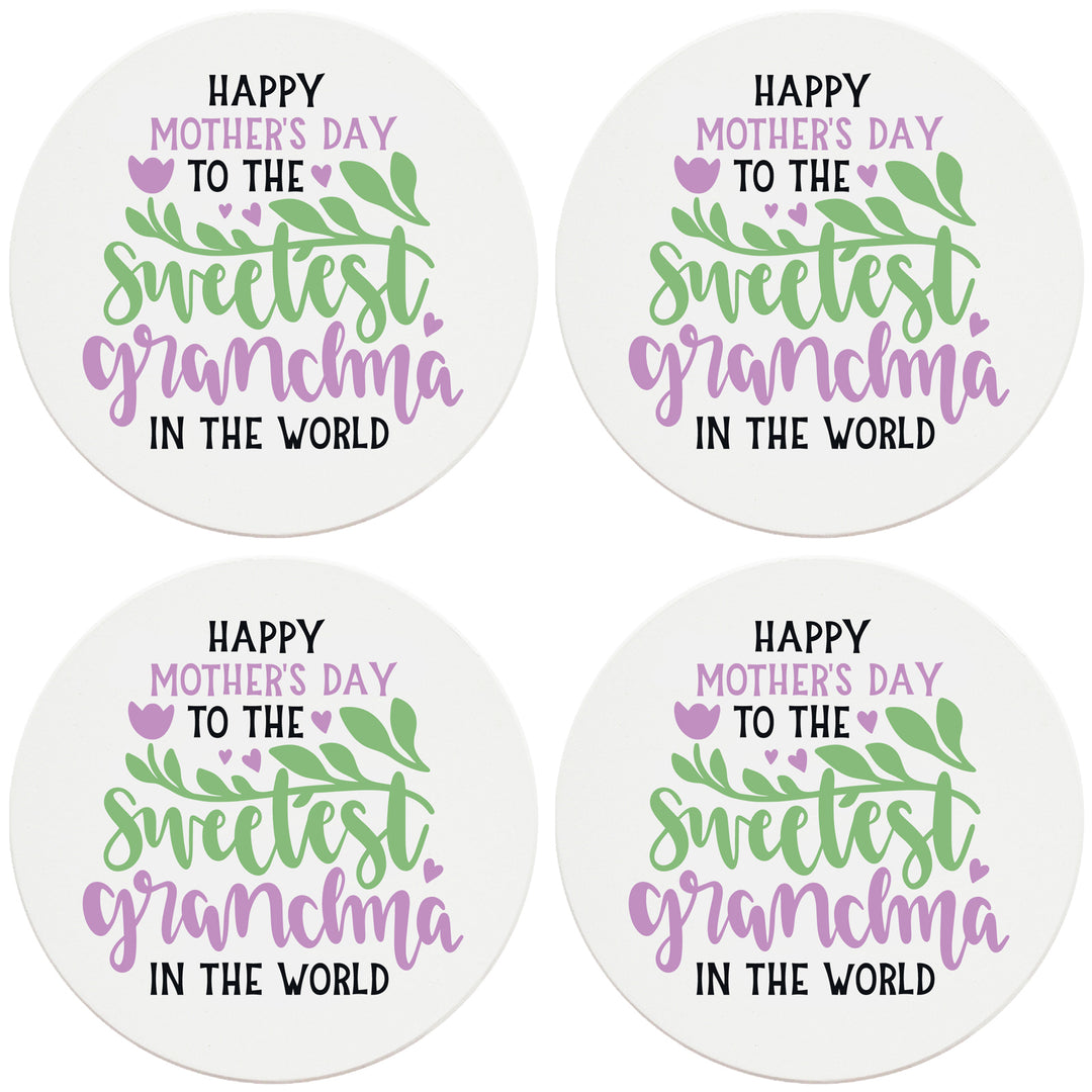 4" Round Ceramic Coasters - Happy Mothers Day Sweetest Grandma, Set of 4