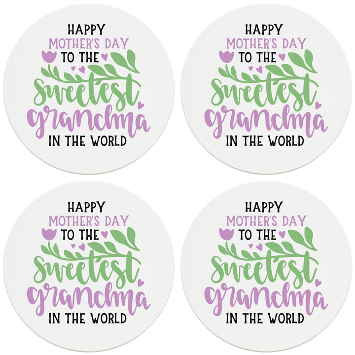4" Round Ceramic Coasters - Happy Mothers Day Sweetest Grandma, Set of 4
