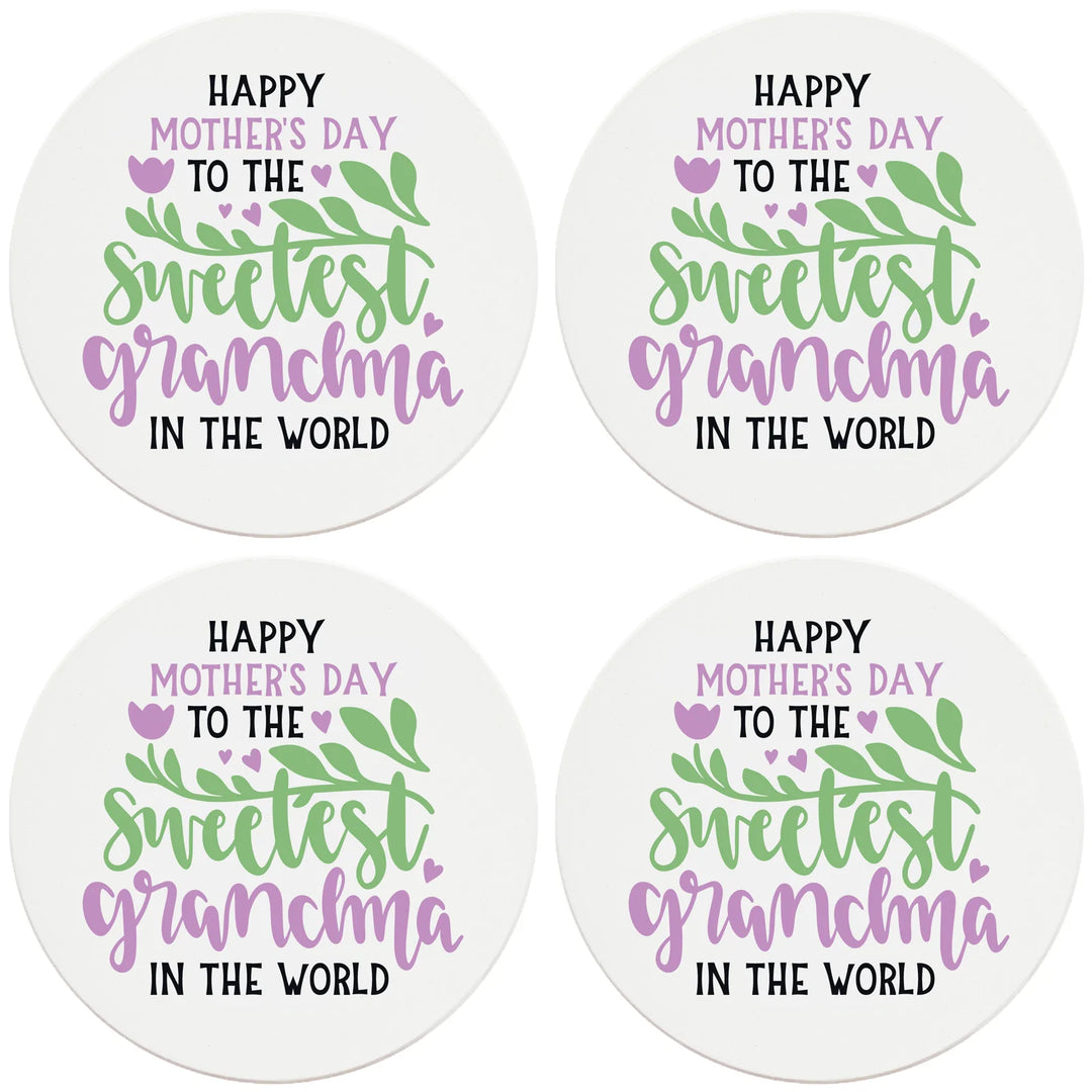 4" Round Ceramic Coasters - Happy Mothers Day Sweetest Grandma, 4/Box, 2/Case, 8 Pieces - Christmas by Krebs Wholesale
