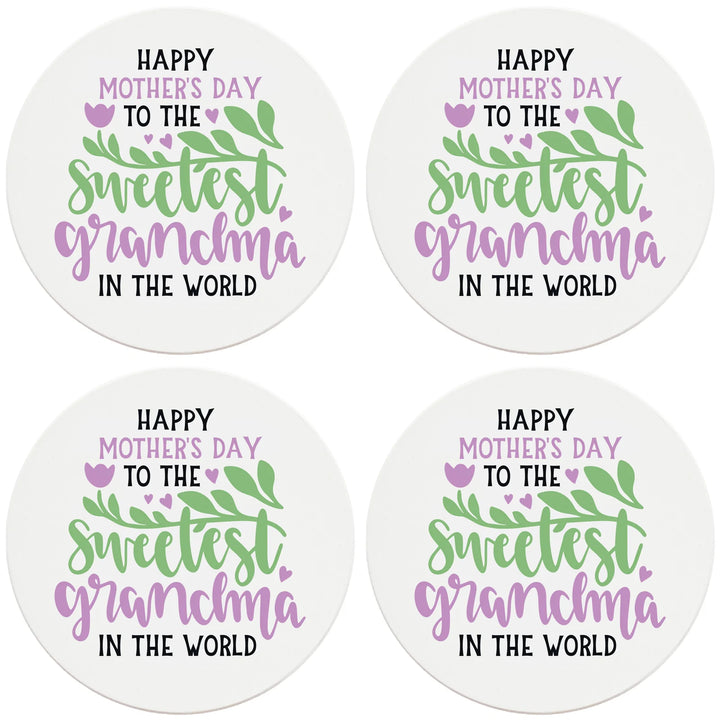 4" Round Ceramic Coasters - Happy Mothers Day Sweetest Grandma, 4/Box, 2/Case, 8 Pieces - Christmas by Krebs Wholesale